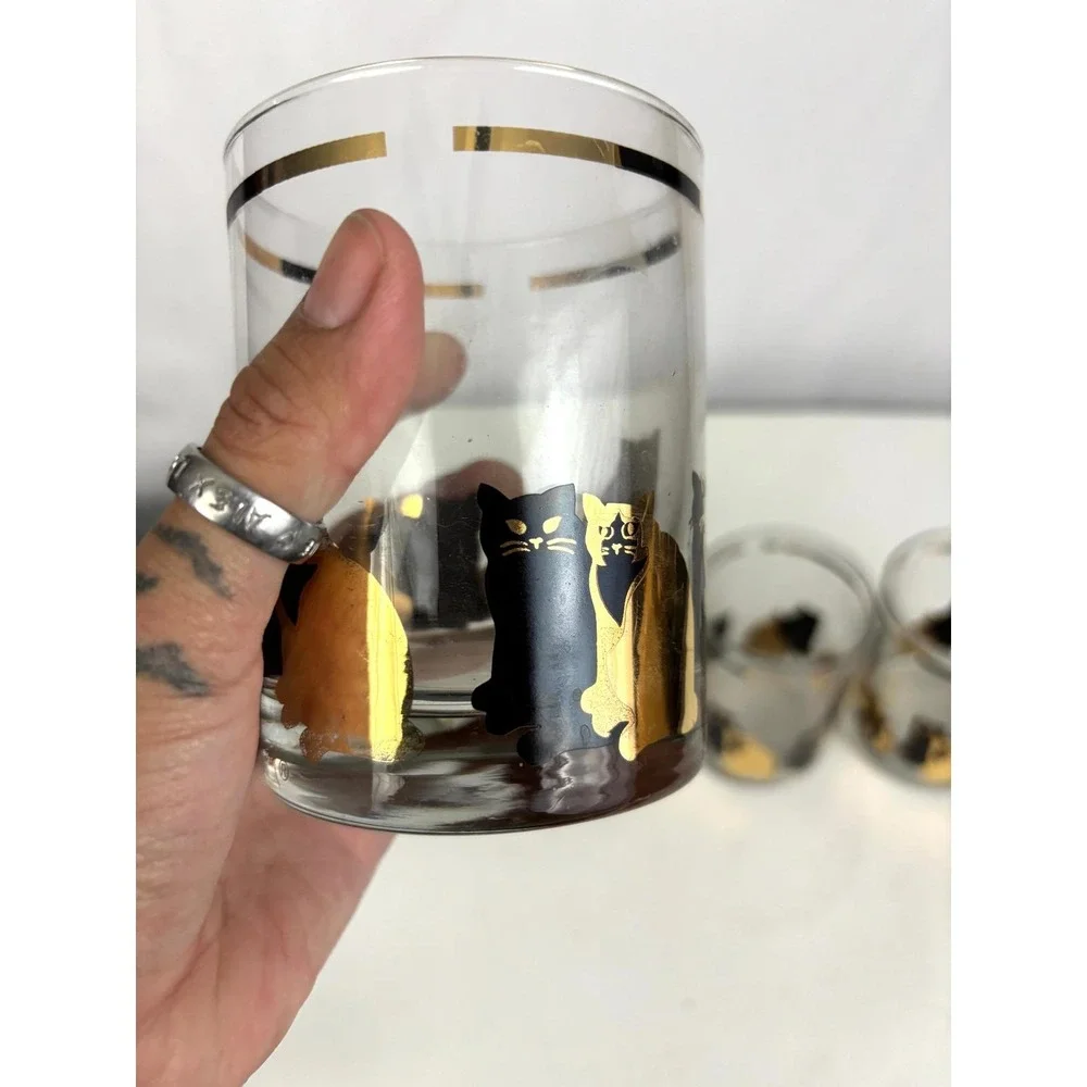 Georges Briard Mid Century Cat Glasses Set of 4 Gold Accent‎ Tumblers